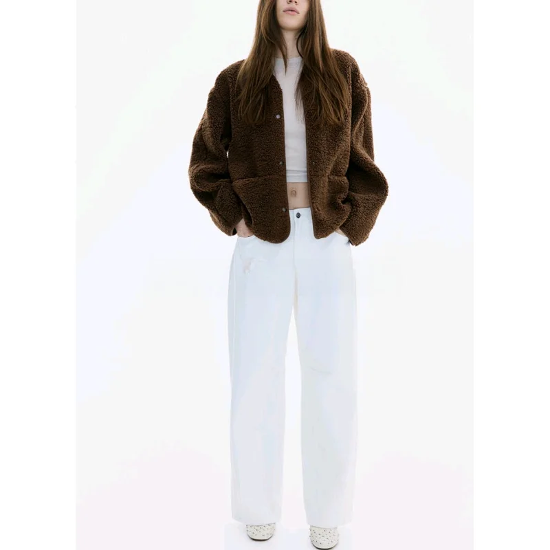 

Casual round Ne Long Sve Teddy Fce Jaet ort Outerwear New Autumn Women's Faion Stand Fit Warm Cotton Polyester
