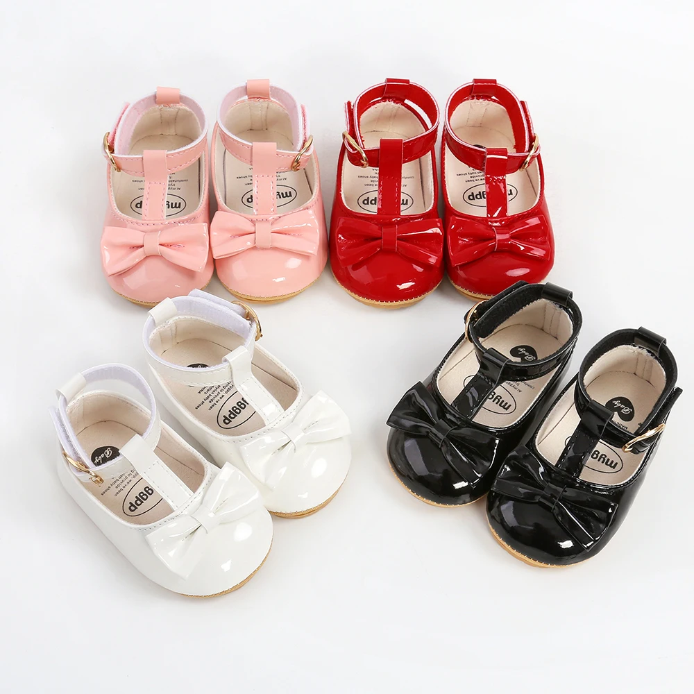 Baby Girls Mary Jane Flat Shoes With Bowknot Decor Princess Crib Shoes First Walker Shoes For Newborn Infant