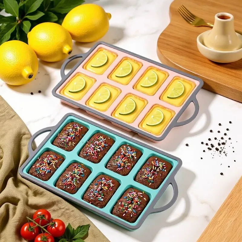 1PC Food‑Grade Silicone Baking Mold 8‑Cavity Brownie Cake Mould with Steel Frame Oven Microwave Home Baking Tool