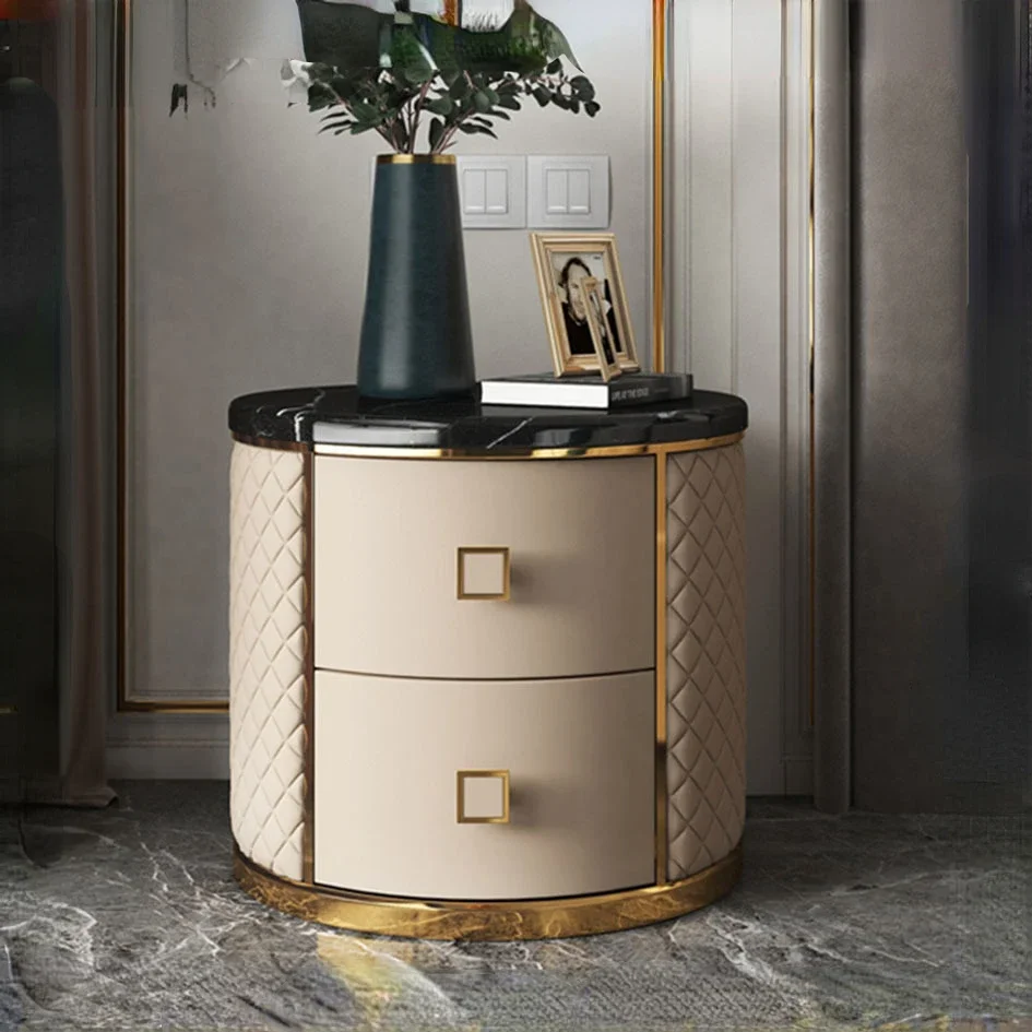 Luxury Marble Tabletop Night Stands Simple PU Leather Wrapped Round Bedside Tables Designer Storage Cabinet Bedroom Furniture