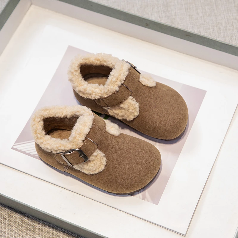 Toddler Girls Fur Collar Casual Shoes 2026 New Winter Kids Warm-lined Moccasins Non-slip Simple Retro Style School Daily Wear