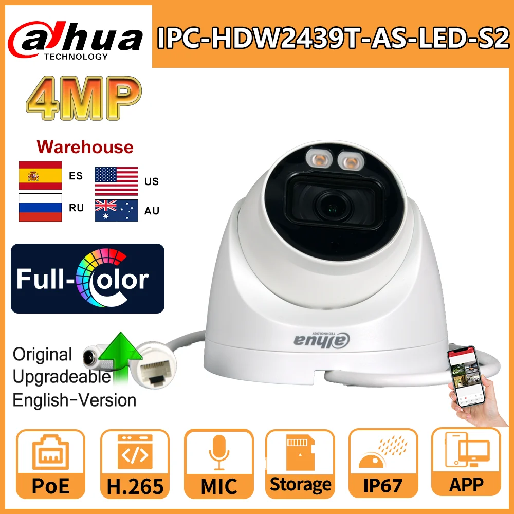 Dahua 4MP IP Camera Full-Color IPC-HDW2439T-AS-LED-S2 Dome PoE Built-in MIC And Warm Led Light SD Card Slot Video Surveillance