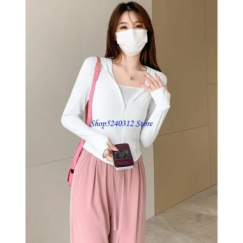 634C UV Sun Protective Long Sleeve Coat Women Thin Breathable Quick Drying Full Zip Hooded Jackets Outdoor Ice Silk Shirt