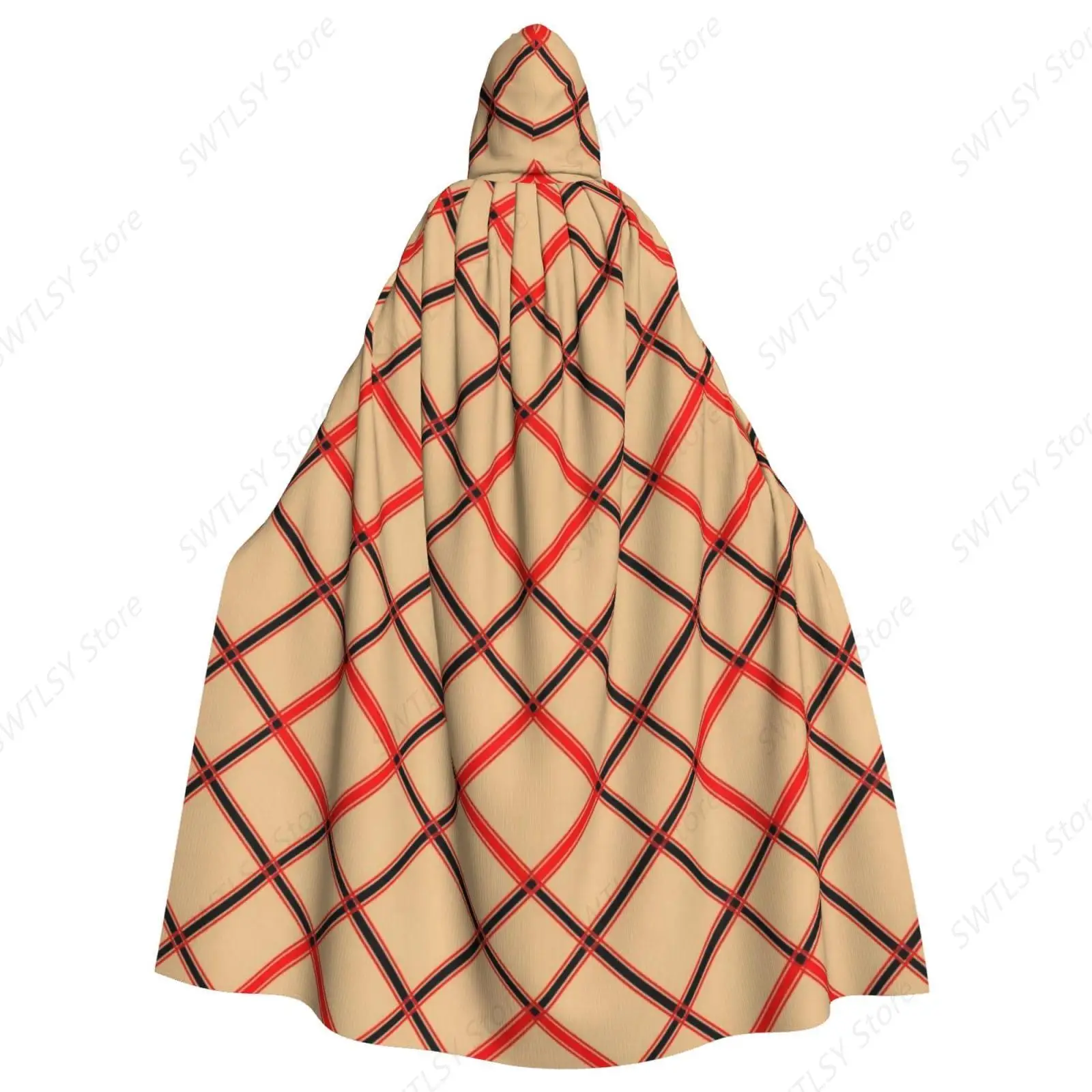 Wizard Cape Hooded Cloak Halloween Costume Compatible with Black Red Beige And White Plaid Tartan for Women Men Cosplay Party