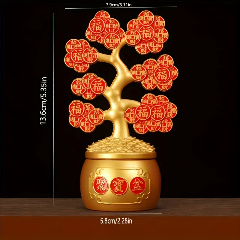 1PC Brass Money Tree Decor, Golden Brass with Red Coin Accents, Prosperity Symbol Home and Office Decoration, Desk Office Te