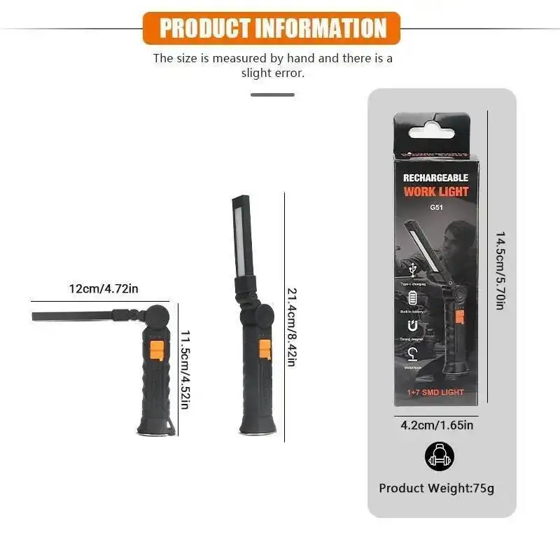 Portable COB LED Flashlight USB Rechargeable Work Light Magnetic Lanterna Hanging Lamp with Built-in Battery Camping Torch