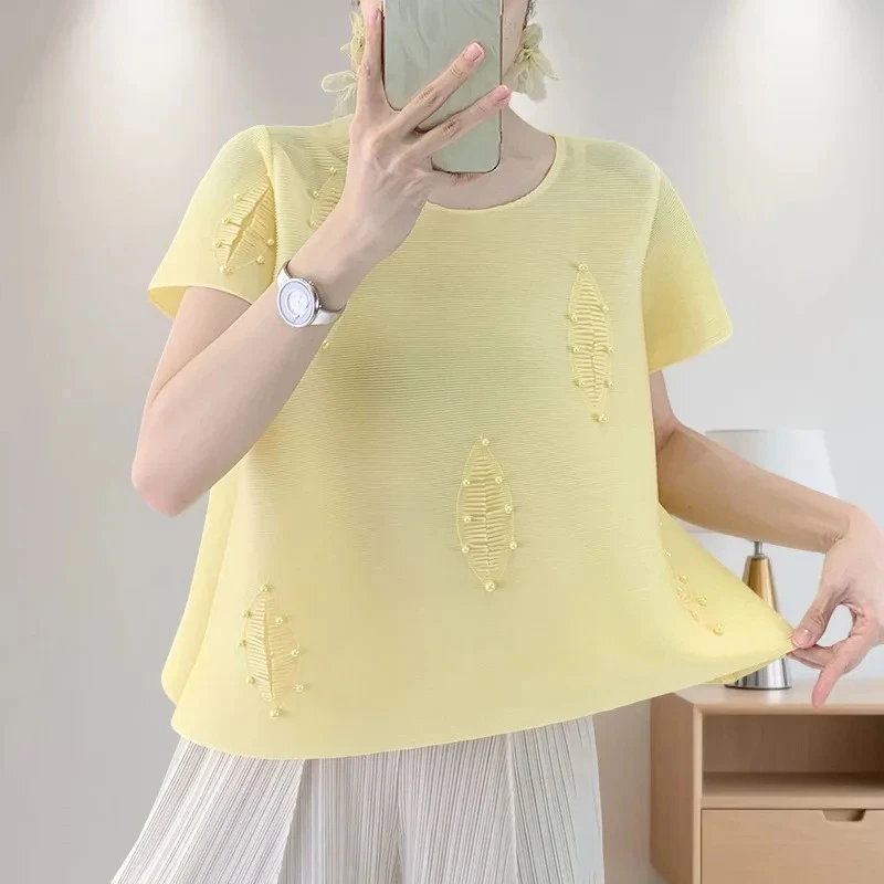 

Miyake, новый простой модный топ с короткими рукавами, свободная однотонная пригородная плиссированная футболка с бисером, повседневная, большой размер, с эластичностью