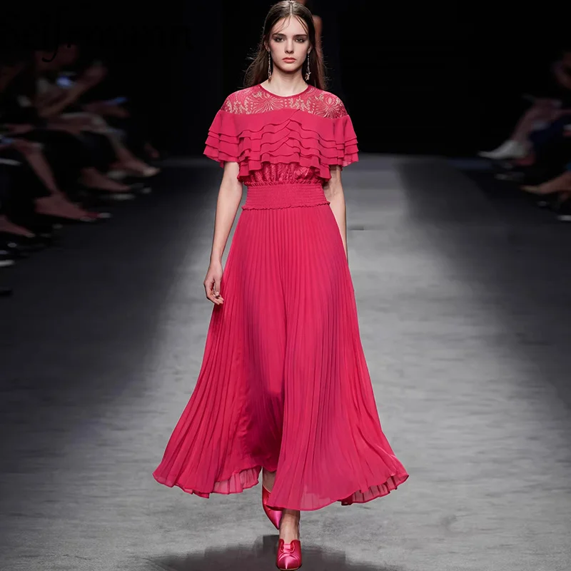 Seifrmann 2026 summer women's new fashionable round neck short sleeved hollow waist cinching pleated dress