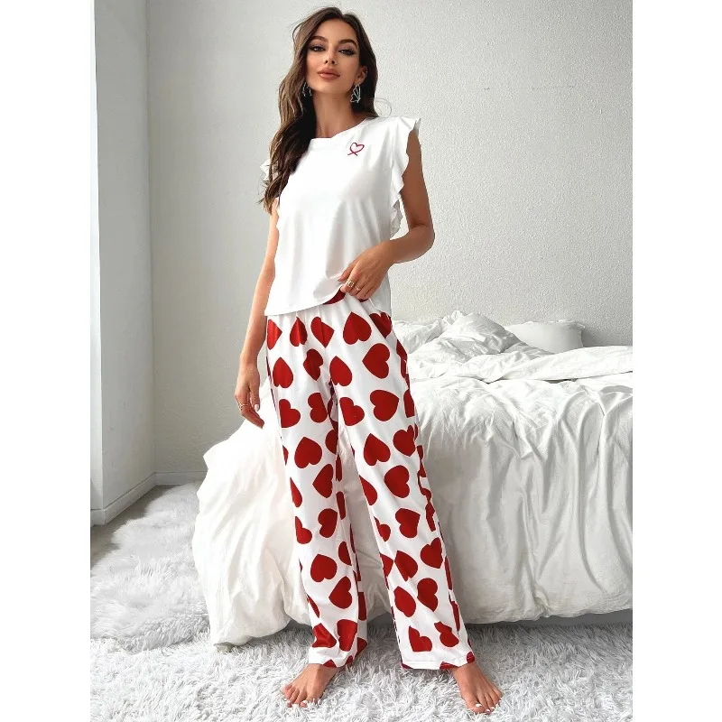 2pcs Set Ruffle Sleeve Heart Shape Casual and Comfortable Women's Pajama Set,Can Wear It At Home,Soft and Comfortable Pajamas