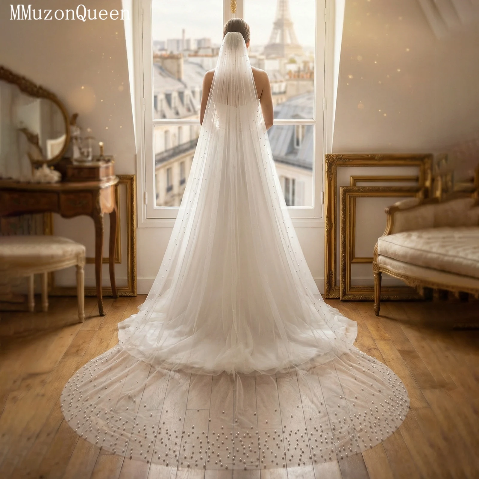 

TOPQUEEN Pearl Veil Velo De Novias Cathedral White Milk White With Comb Wedding Accessories Customizable V225