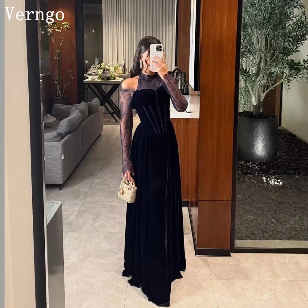 

Verngo Navy Blue Velvet Evening Dress Halter A Line Formal Occasion Dress Elegant Saudi Arabia Maxi Prom Gowns Customized