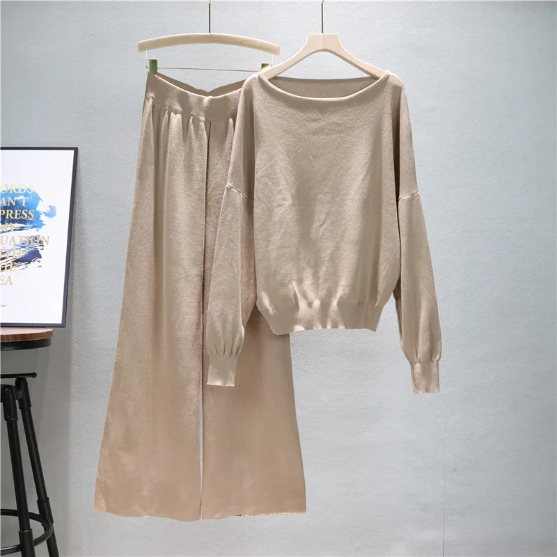 

Women Two Piece Set Muslim Knitted Pullover Sweater Wide Leg Pant Casual Knit Outfits Suits Musulman Ensemble Autumn Winter