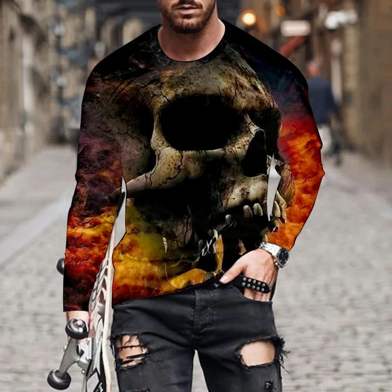 

Men's Long Sleeved Round Neck T-shirt Fashion 3D Printing Horror Skull Graphic T Shirts Casual Men's Y2K Tops Trendy Streetwear