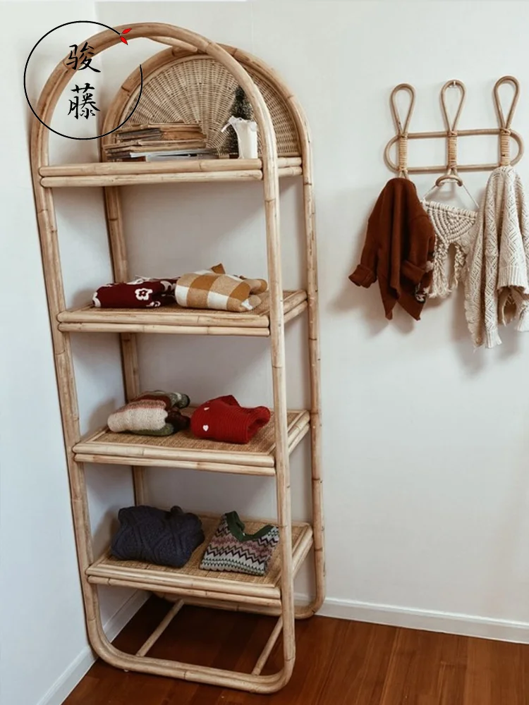 A Rattan Bookshelf Floor Shelf Japanese Household Bookcase Display Cabinet Multi-Layer Partition Storage