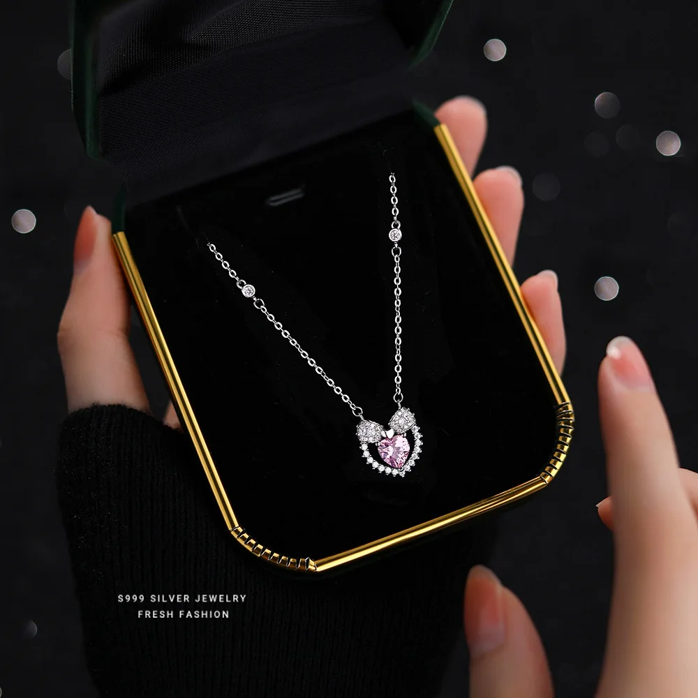 

999 Sterling Silver Fine Pink Zircon Heart Pendant Necklace for Women High Quality Jewelry Accessories Gifts