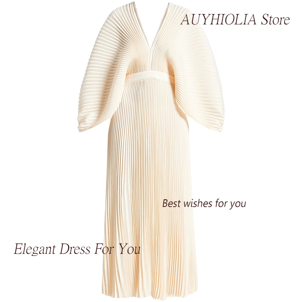 Satin Pleated Evening Dress For Sexy Women 정장원피스 Vestidos de festa Elegant V-Neck Puffy Sleeve Cocktail Party Prom Gowns