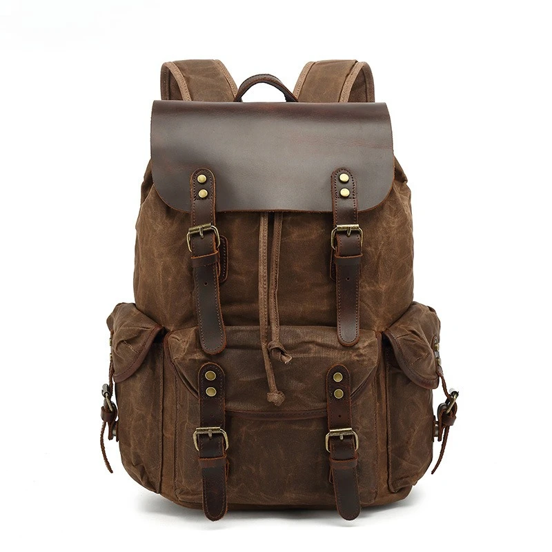 

Vintage Waxed Canvas Backpack for Men Women Leather Travel Laptop Bag Rucksack Casual Daypack Bookbag