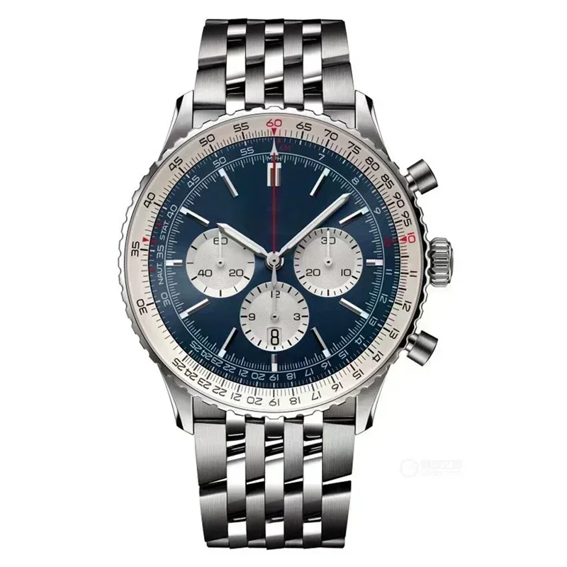 أزياء Higu جودة 46mm أسود أزرق جلدية ووتش الرجال كوارتز كرونوغراف ساعات الطيران B01 تاريخ الفولاذ المقاوم للصدأ