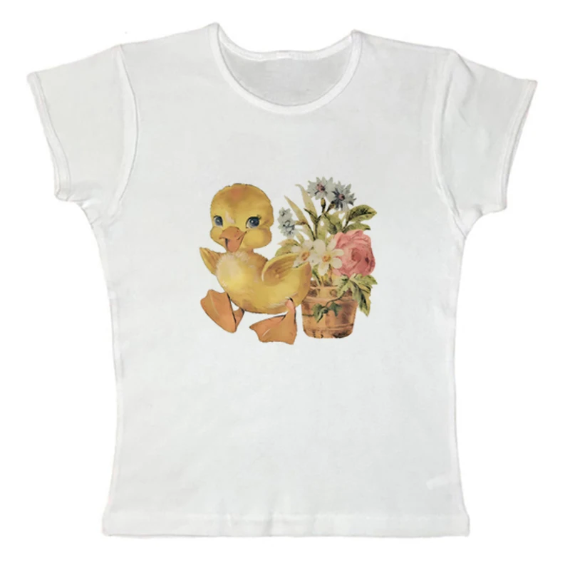 

Y2k Cut Top Summer Women's Cute Duck Print Slim Fit Harajuku Fairy Punk Street Clothing Retro Gothic Aesthetic Baby T-shirt EMO