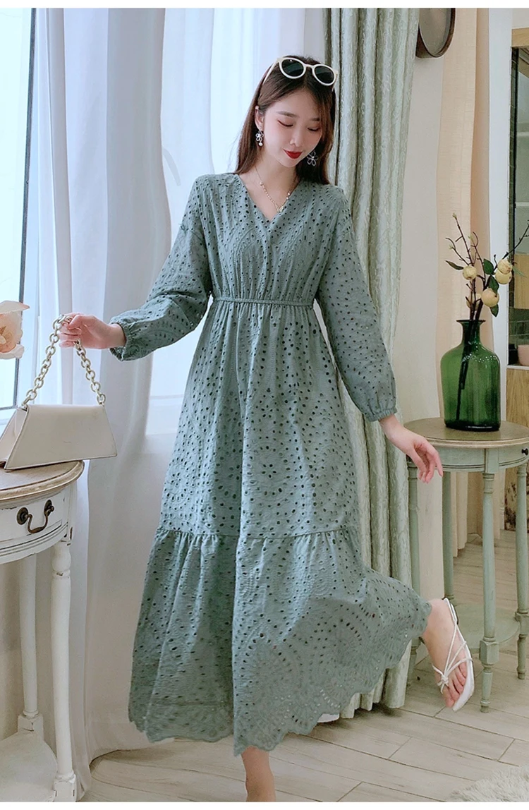 2023 New Spring Autumn Women V-Neck Long Sleeve Slim Long Dress Elegant Retro Embroidery Hollow Out Big Hem Evening Party Dress