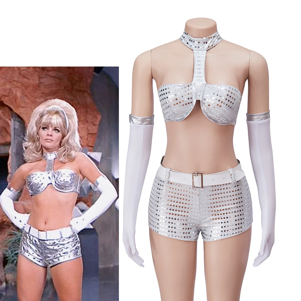 Austin Powers Fembot 코스프레 코스튬 여성용 섹시한 상의 반바지, 세트 댄스 복장, 할로윈 파티 은색 옷