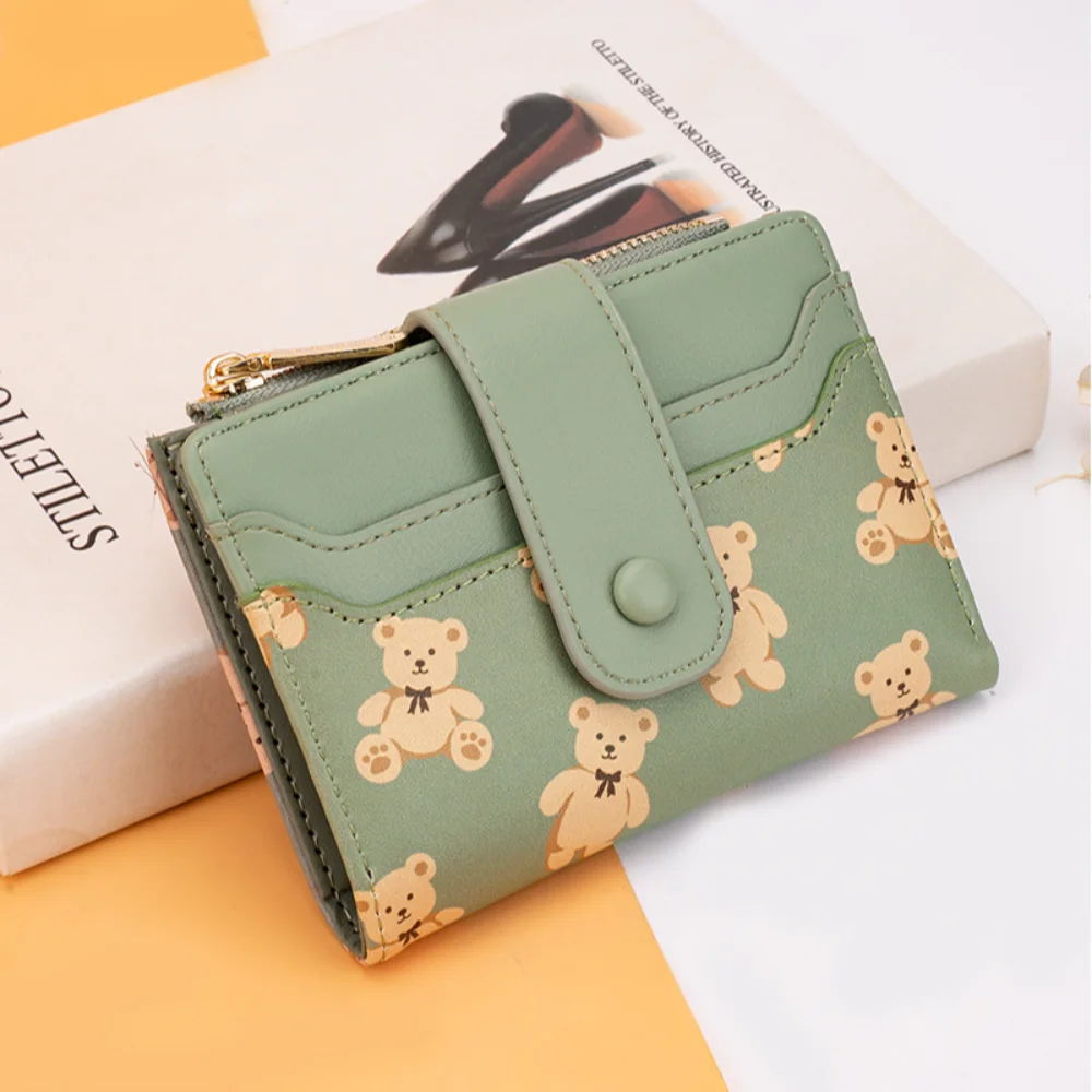 Women Short Wallets PU Leather Female Bifold Purses Cute Bear Card Holder Wallet for Girl Small Zipper Wallet with Coin Purse