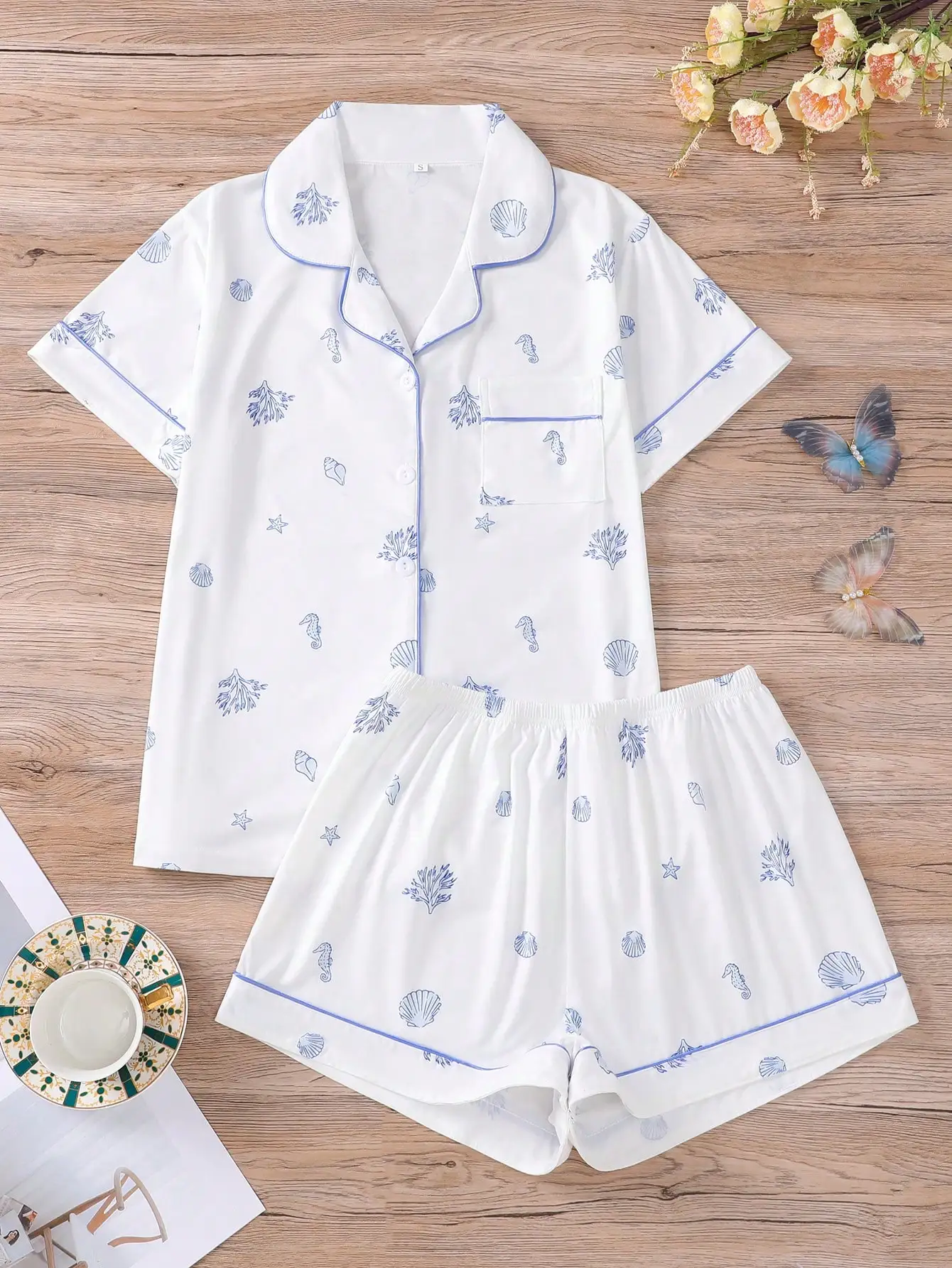 

2-Piece Women's Short Sleeve Pajama Set with Nautical Print, Lapel Top & Elastic Waist Shorts