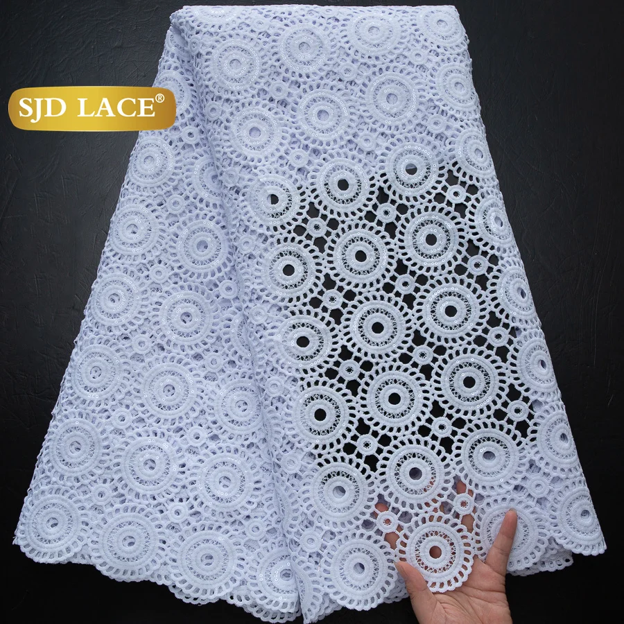 SJD LACE White African Guipure Cord Lace Fabric Embroidered Hollow Out Sequins Lace for Wedding Bridal Gown Dress Sewing Material 4503