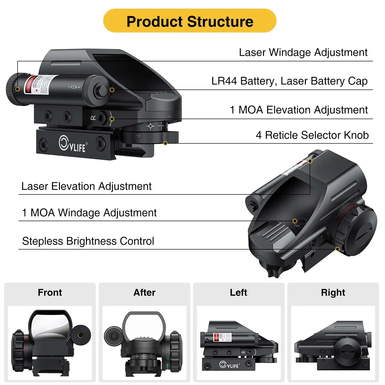 

Лазерный прицел CVLIFE Red Laser Sight Combo: красный и зеленый лазер, 4 прицельных целины, рефлекторный прицел, оптика 2-в-1 с кнопочным переключателем для охоты