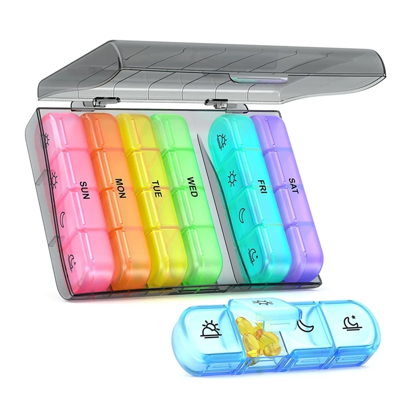 

Rainbow Pill Box Weekly Pills Organizer 4 Times a Day 7 Days Container Case Moisture Proof for Home Hospital Patient Sickness