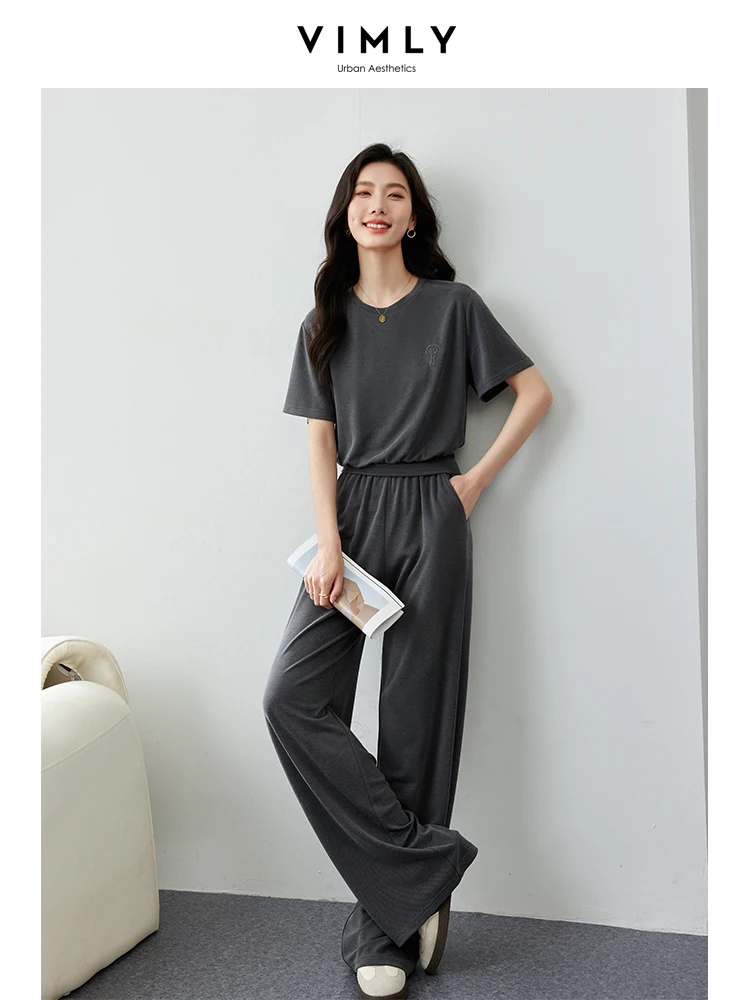 VIMLY WomenSporty Simple Matching Sets Summer Loose Short Sleeve O-Neck T-Shirt+Casual Long Pants Solid Tracksuit 2pcs SetsM7109