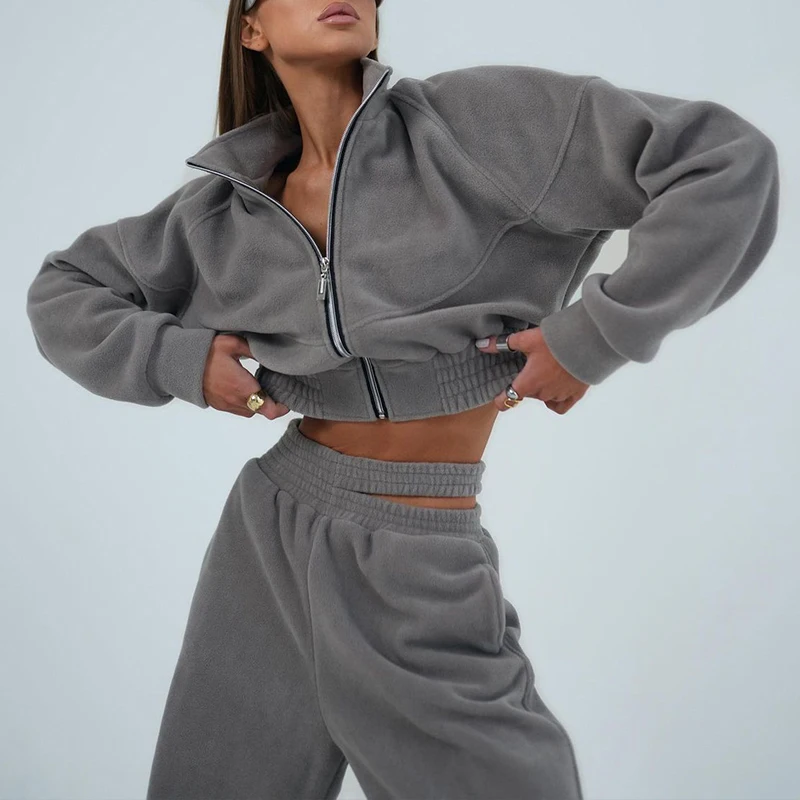 OMSJ Sporty Two Piece Fleece Tracksuit Women Zipper Stand Collar Long-sleeved Cropped Jacket+High Waist Hollow Sweatpants Street