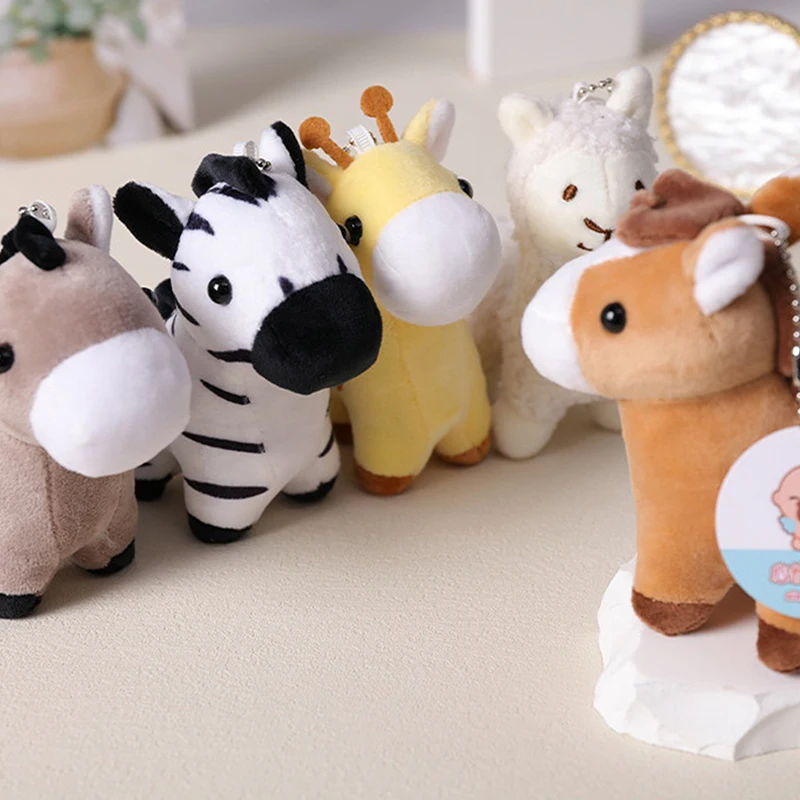 Lovely Cartoon Animal Brown Horse Alpaca Donkey Giraffe Zebra Soft Stuffed Small Doll Key Ring Pendant Birthday Christmas