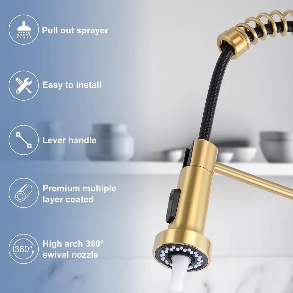High Arc Pull-Down Sprayer Faucet in Brushed Gold for Single or 3-Hole Kitchen Sinks with Deck Plate, Suitable for Farmhouse and
