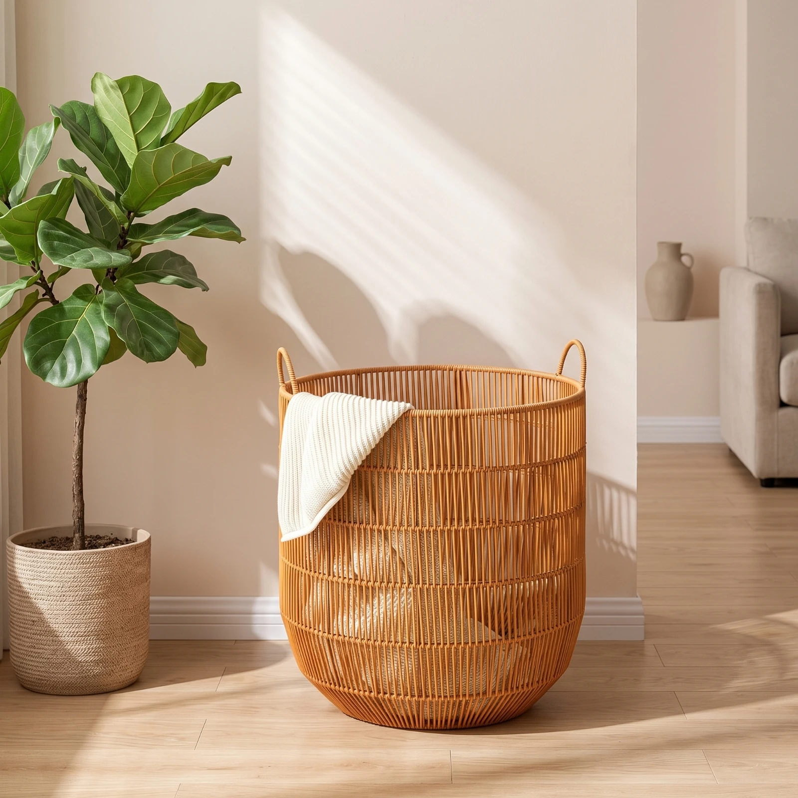 Woven Laundry Basket Portable Rattan Laundry Basket Storage Bin Decorative Container Tall for Bathroom, Bedroom