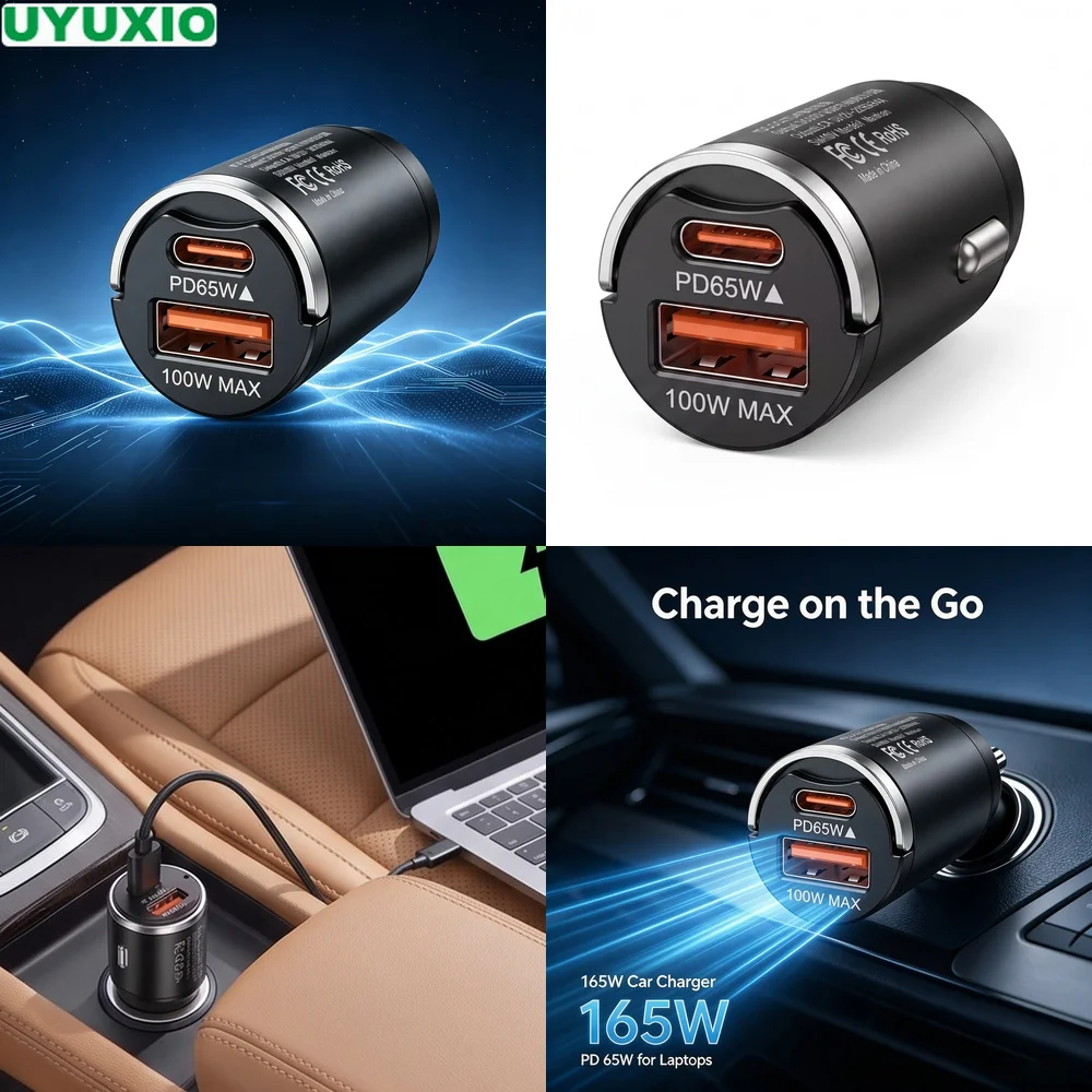 165W Dual Output Car Charger PD 65W Type C and 100W USB A Power for Phones Tablets Laptops and GPS Durable Zinc Alloy Mini Body
