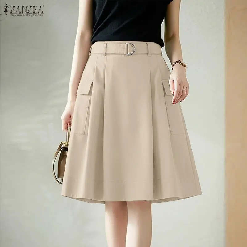 Elegant Women OL Work Skirt 2026 ZANZEA Summer Cargo Skirt  Stylish Solid Belted Faldas Saia Casual A-line Knee-length Skirt