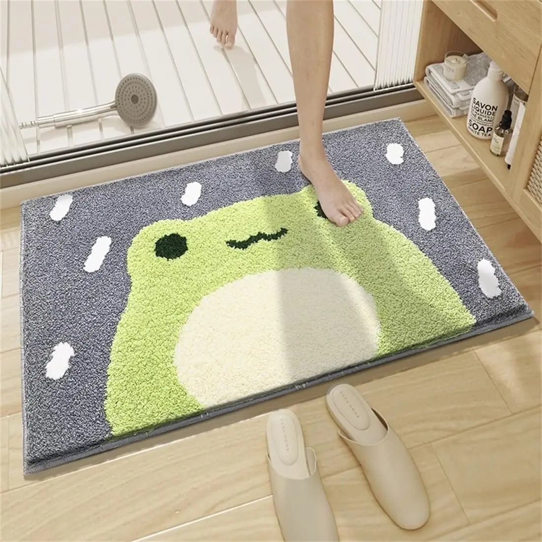 Cute Frog Rainy Day Nursery Rug Washable Bath Mat Cartoon Kids Animal Design Decor Pond Floor Accent Carpet for Baby Shower