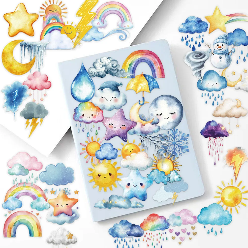 50 pezzi adesivi meteorologici sole luna nuvola colorato rosso PET decorativo custodia per telefono iPad tablet notebook adesivi impermeabili giocattolo per bambini