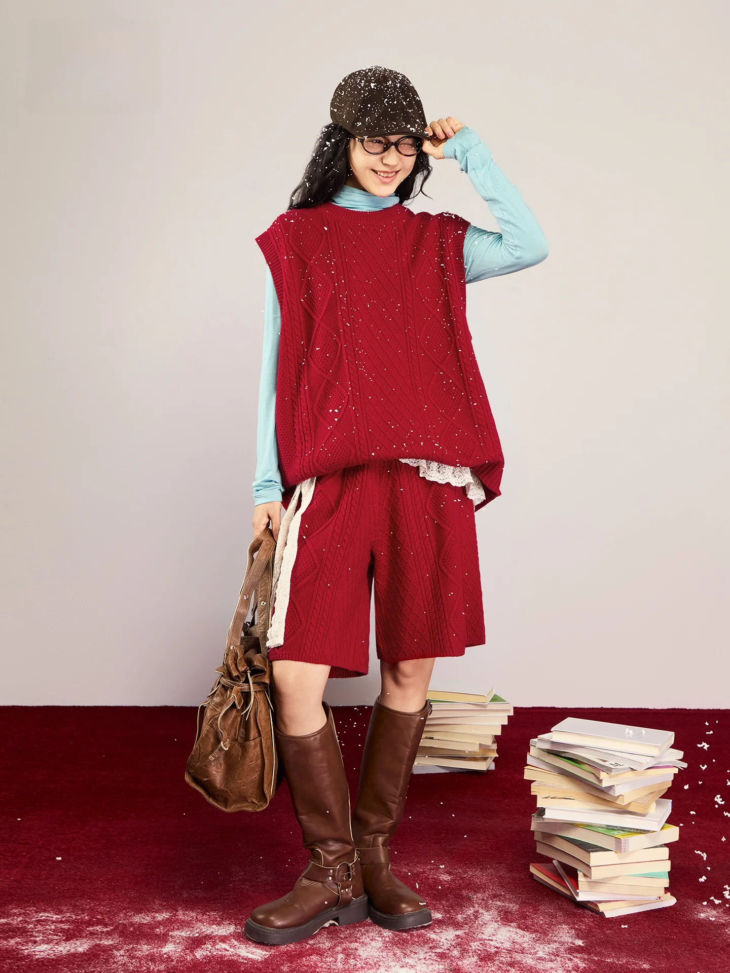 

BobbyBey универсальный винтажный красный многослойный шерстяной вязаный жилет из мериносовой шерсти, вязаный женский милый прямой свитер-труба