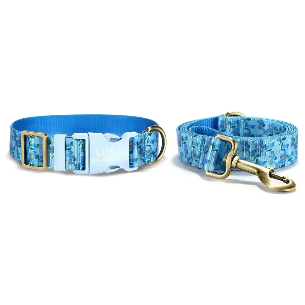 Personalized Pet Collar, Customized Nameplate ID, Adjustable Blue Violet Soft Fiber, Cat and Dog Collars, Lead Leash