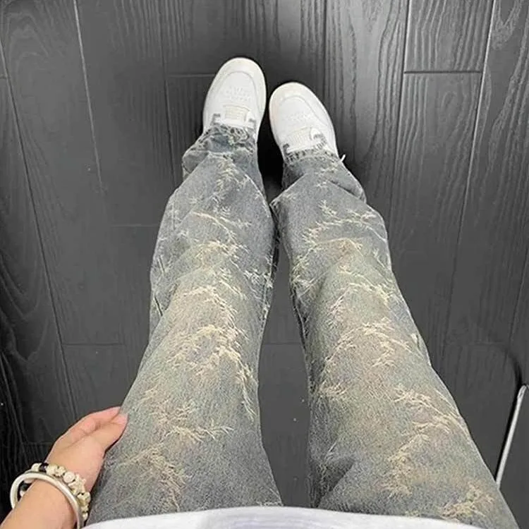 

Retro Waed Thistle Embroidery Jeans Men's Trendy Loose Straight Leg Micro Flared Pants American High Street Vibe Long Trousers