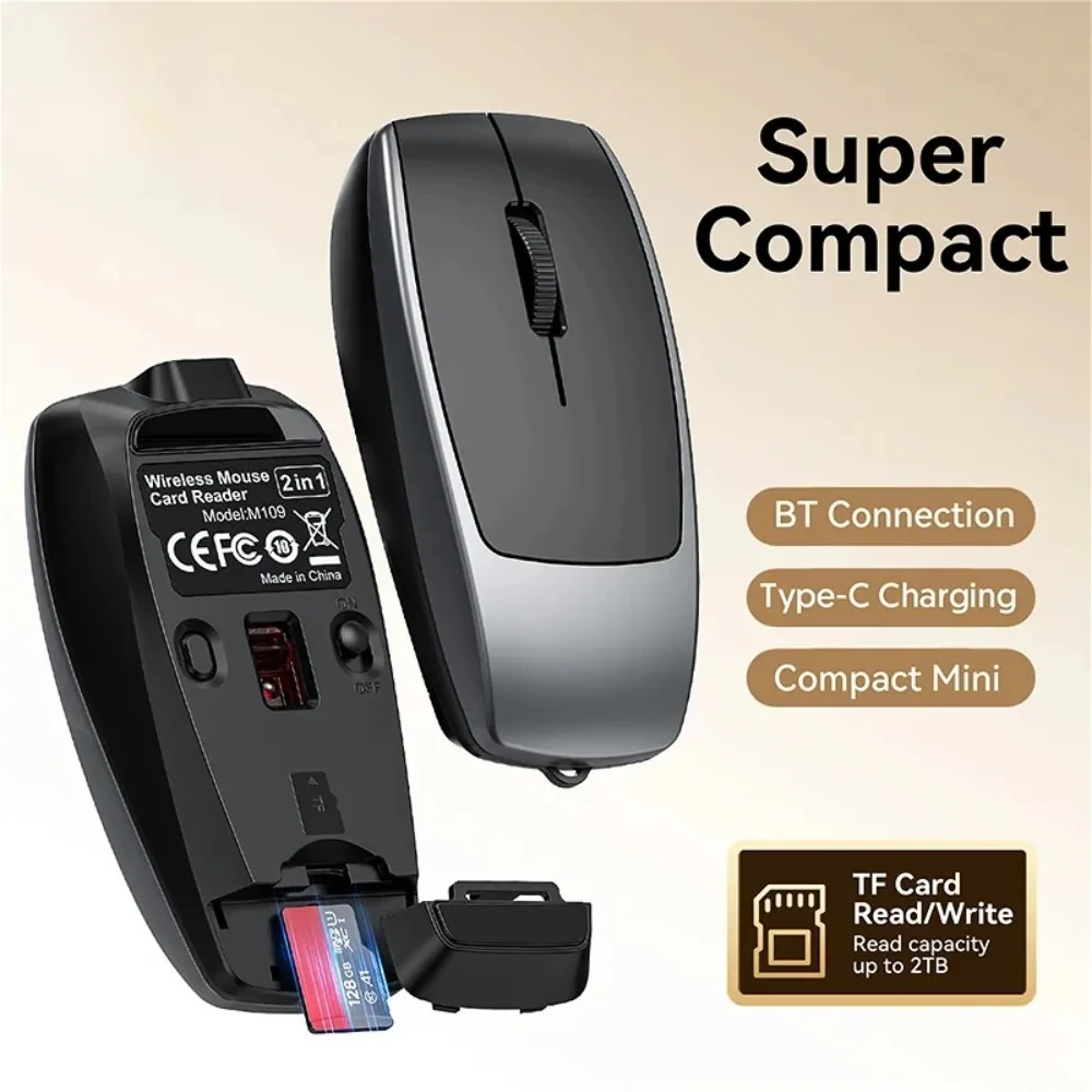 2 In 1 Mini Wireless Bluetooth Mouse Card Reader Silent Mute Button Type-C Rechargeable Super Compact Mice For Laptop PC Office