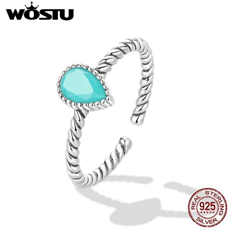 WOSTU 925 Sterling Silver Waterdrop Turquoise Open Size Ring for Women 100% Silver Twisted Ring Fine Jewelry Party Gift For Girl