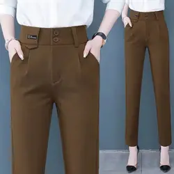 Office Lady Fashion High Waist Suits Pants Spring Autumn Korean Women Clothing Pockets Coffee Pencil Casual Straight Trousers