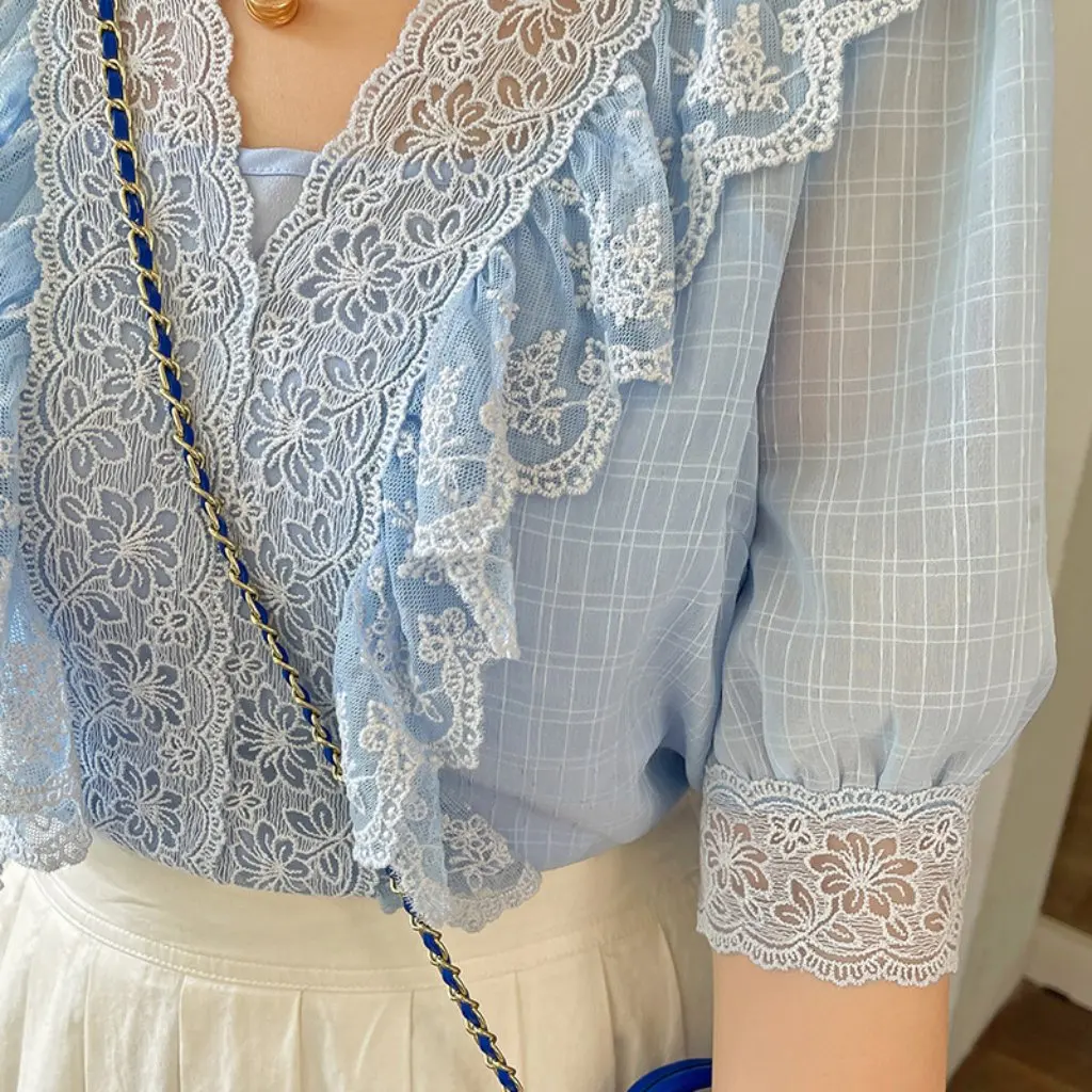 

Женская летняя шифоновая рубашка больших размеров, маленький топ с кружевной строчкой для пышных размеров MM240 кг, одежда больших размеров K1968