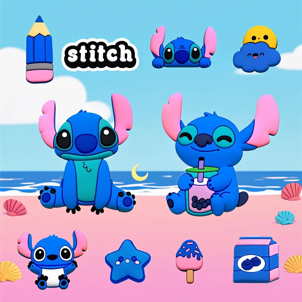 

10pcs Stitch Cute Cartoon Shoe Charms Set For Clogs Bubble Slides Sandals PVC DIY Shoe Decorations Beach Bag Accessories