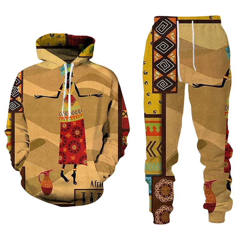 2022 yeni 3D afrika baskı rahat erkekler pantolon takım elbise çift kıyafetler Vintage Hip Hop Hoodies + pantolon erkek/kadın eşofman takımı