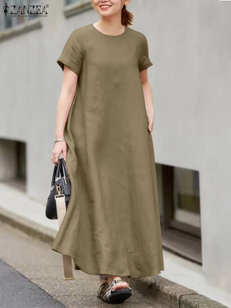 2023 ZANZEA Stylish Summer Dress Women O Neck Short Sleeve Solid Loose Sundress Elegant Kaftan A-line Party Vestidos Robe Femme