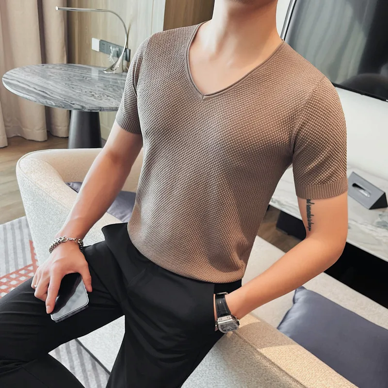 Summer V-neck Knitted T-shirt for Men Ice Silk Breathable Short Sleeved T-shirt Men's Slim Fit Casual Business Social Tee Tops